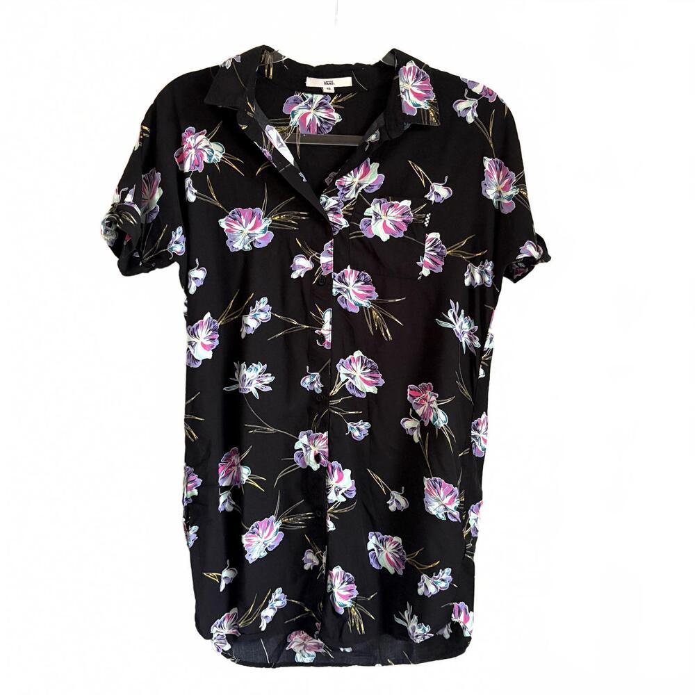 Vans | Women’s Short Sleeve Button Up Shirt Dress Black Pink‎ Purple Floral XS